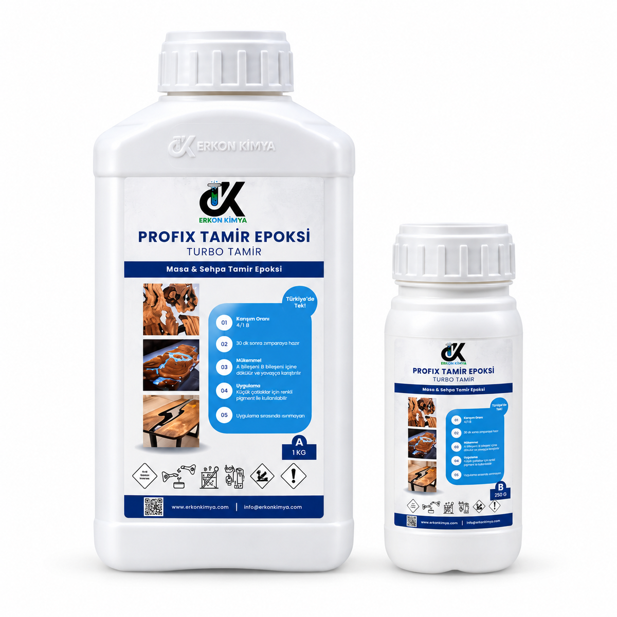 Erkon Kimya Profix Tamir Epoksi 1,250 kg set — 1 kg reçine ve 250 g sertleştirici, stüdyo ürün fotoğrafı